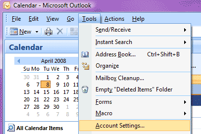ms outlook Tools/Accounts setting